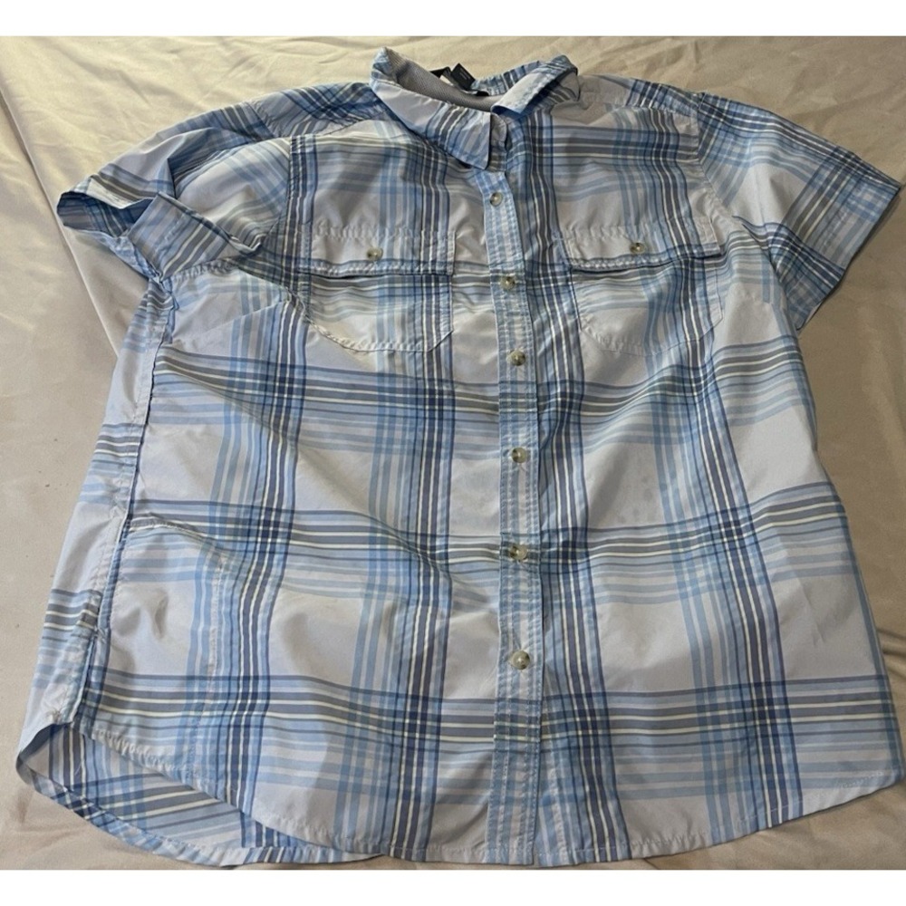 Eddie Bauer Travex Shirt Mens Medium Blue Plaid Short Sleeve Button Up Polyester
